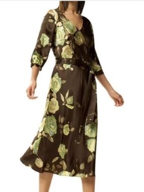 Banana Republic Brown & Green Floral Silk Surplice Midi Dress with Tie, size 2